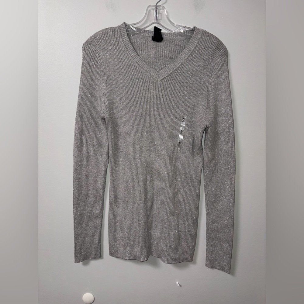 Basic Editions Gray Sparkle‎ Ribbed V Neck Pullover Sweater Y2K NWT XL Stretch